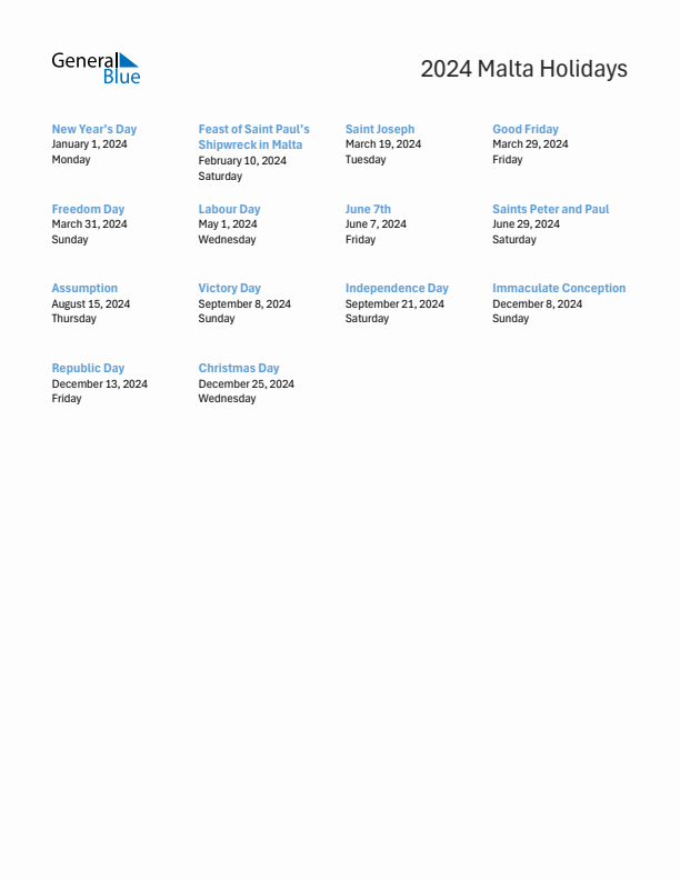 Free printable list of Malta holidays for year 2024