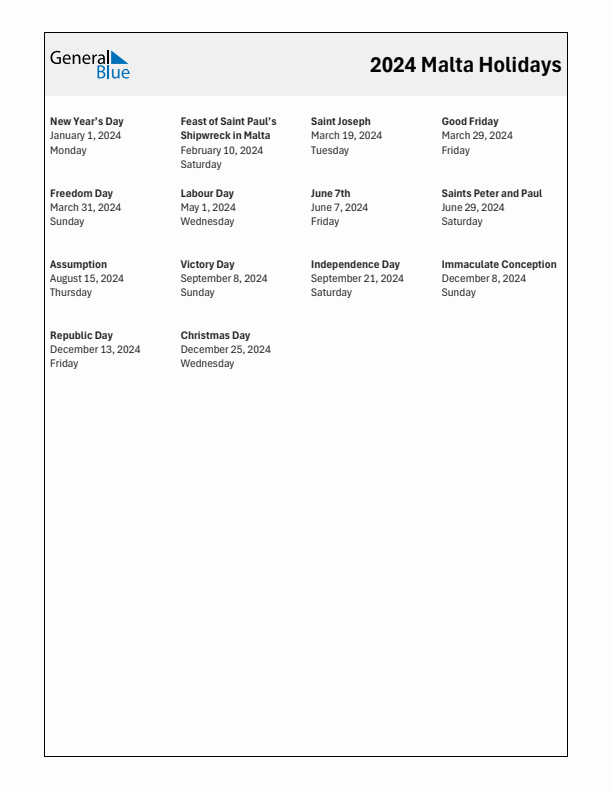 Free printable list of Malta holidays for year 2024