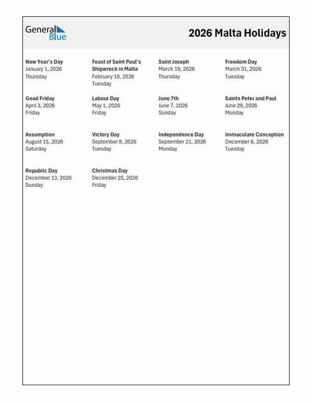 Free printable list of Malta holidays for year 2026