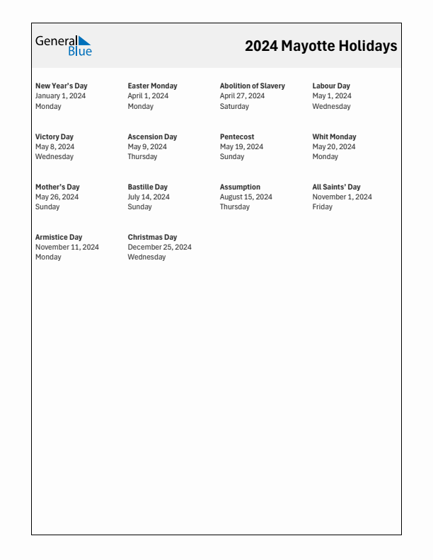 Free printable list of Mayotte holidays for year 2024