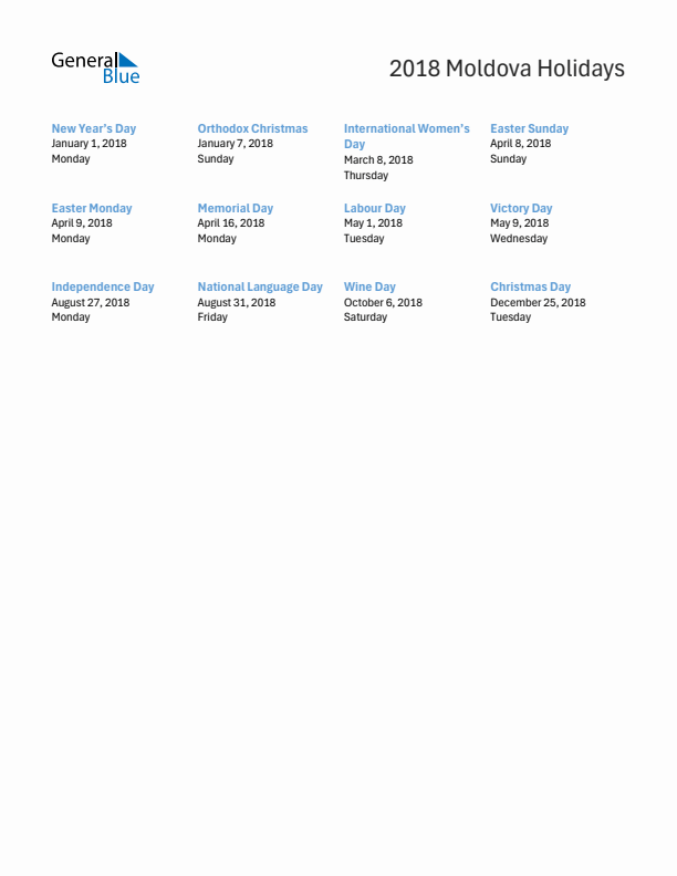 Free printable list of Moldova holidays for year 2018