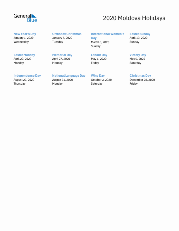 Free printable list of Moldova holidays for year 2020