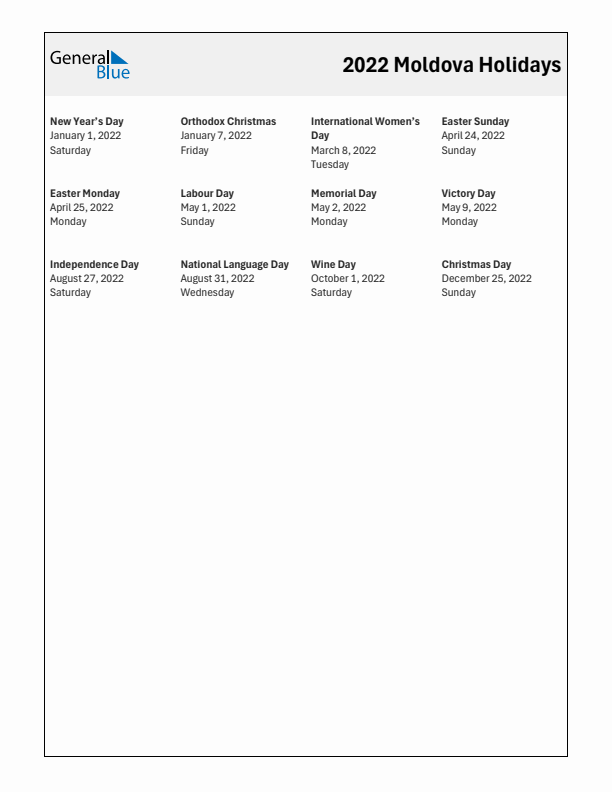 Free printable list of Moldova holidays for year 2022
