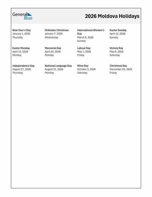 Free printable list of Moldova holidays for year 2026