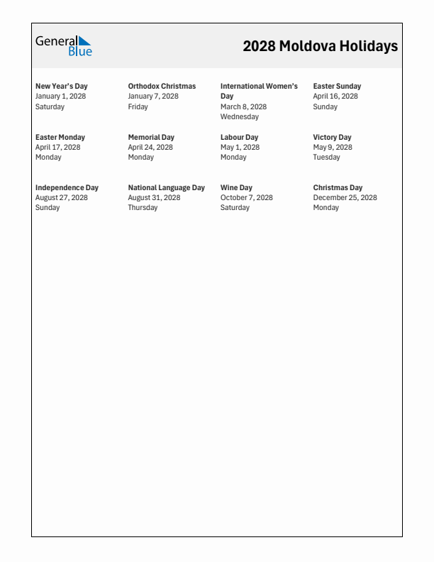 Free printable list of Moldova holidays for year 2028