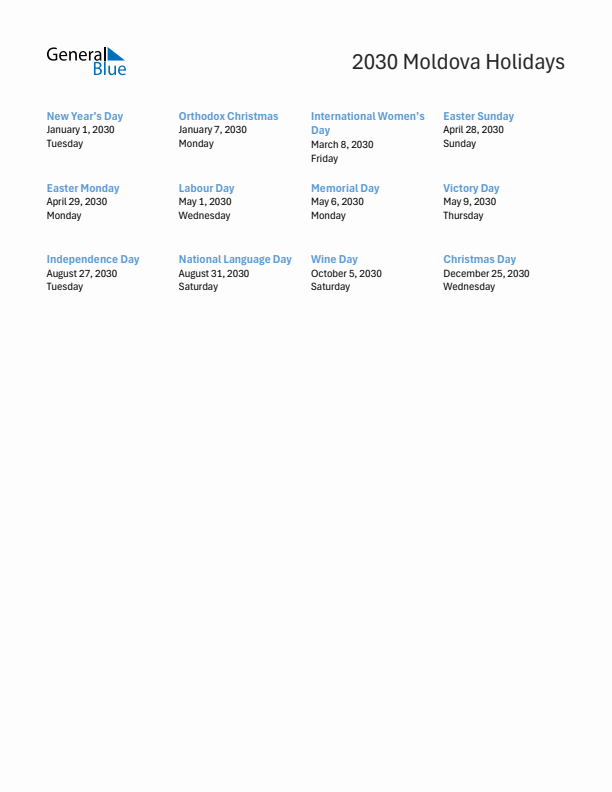 Free printable list of Moldova holidays for year 2030