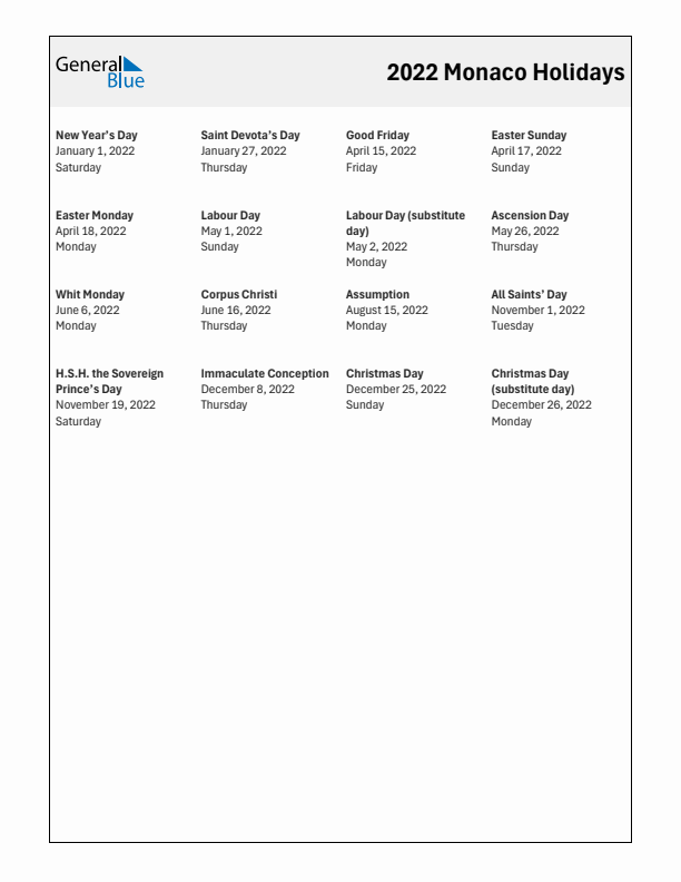 Free printable list of Monaco holidays for year 2022