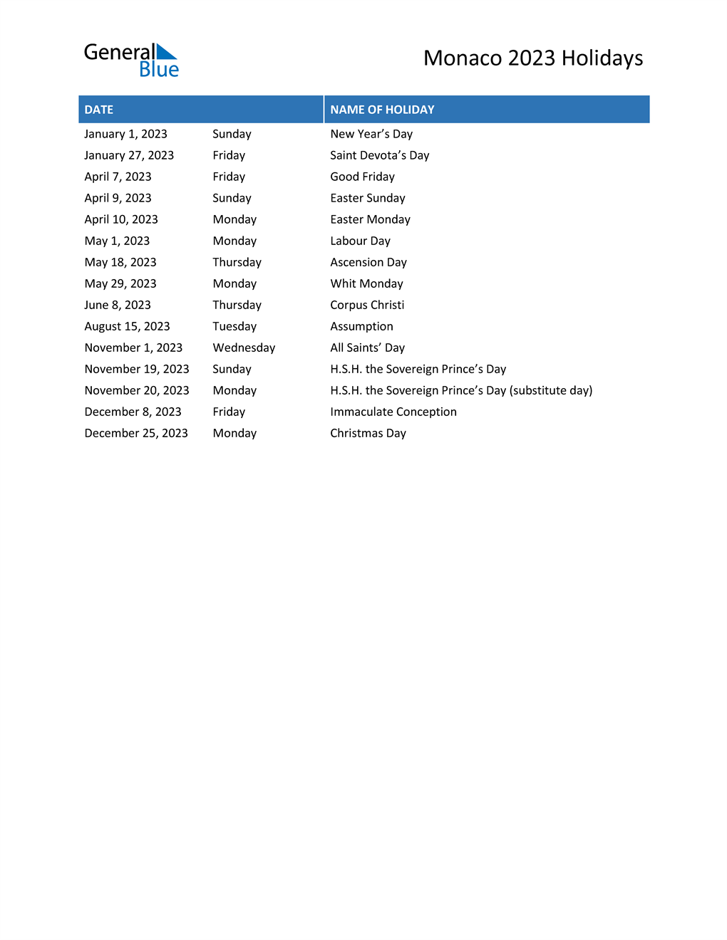 Calendrier Monaco 2023 Monaco Holidays 2023 In Pdf, Word And Excel