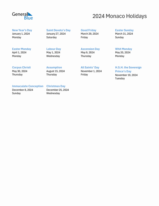 Free printable list of Monaco holidays for year 2024