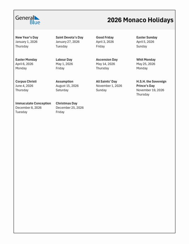 Free printable list of Monaco holidays for year 2026