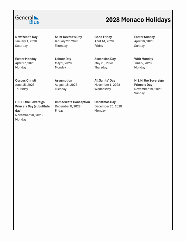 Free printable list of Monaco holidays for year 2028