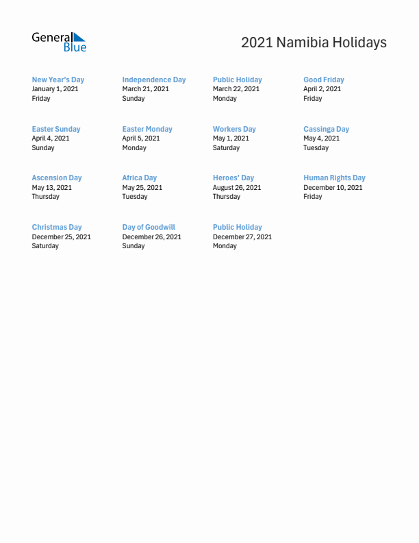 Free printable list of Namibia holidays for year 2021