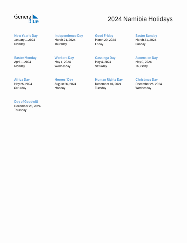 Free printable list of Namibia holidays for year 2024