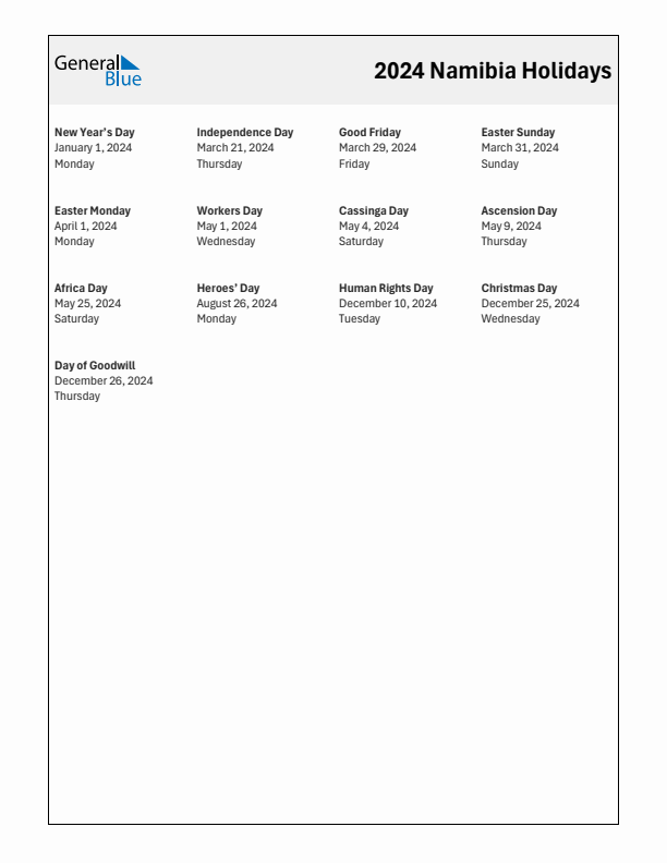 Free printable list of Namibia holidays for year 2024