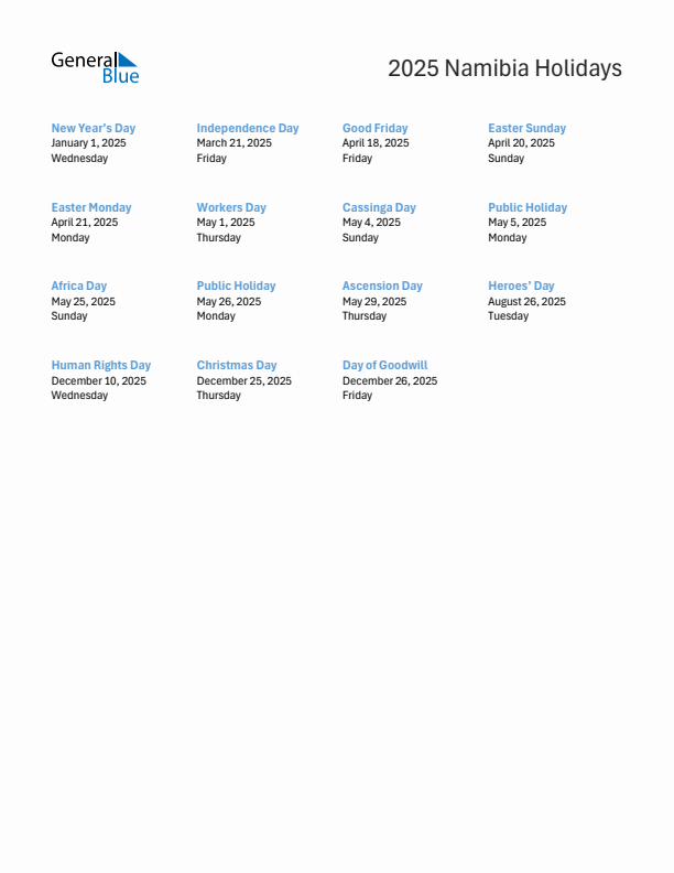 Free printable list of Namibia holidays for year 2025