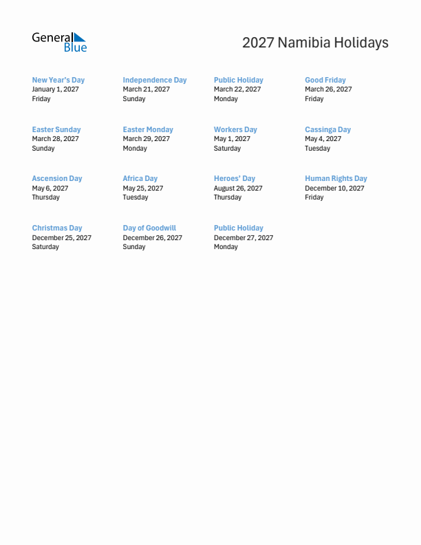 Free printable list of Namibia holidays for year 2027