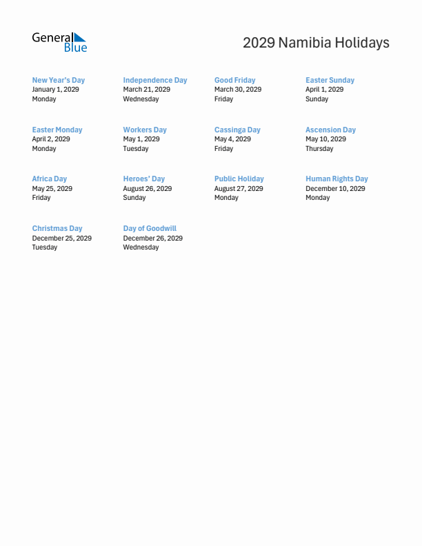 Free printable list of Namibia holidays for year 2029