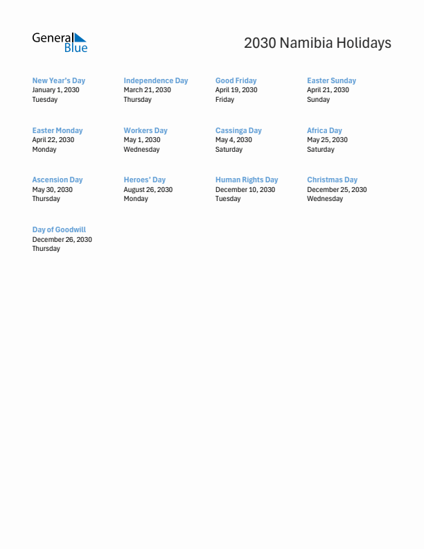 Free printable list of Namibia holidays for year 2030