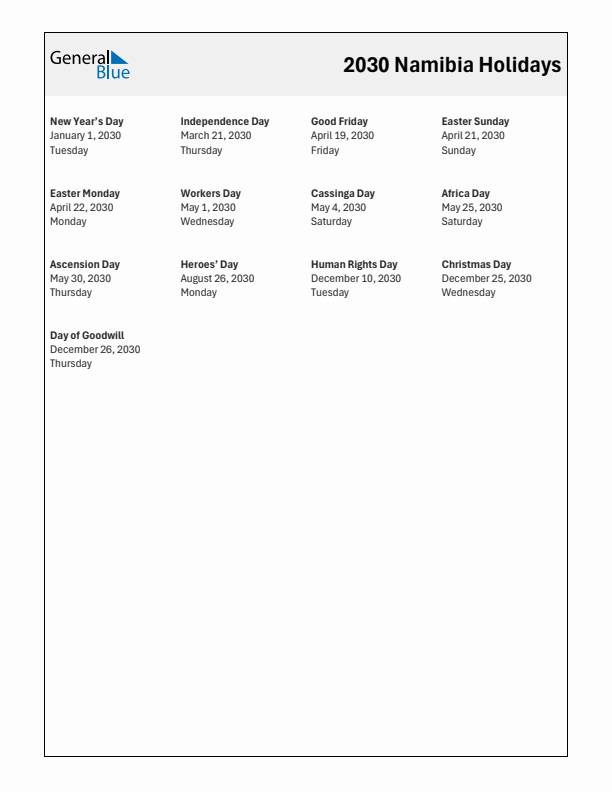 Free printable list of Namibia holidays for year 2030