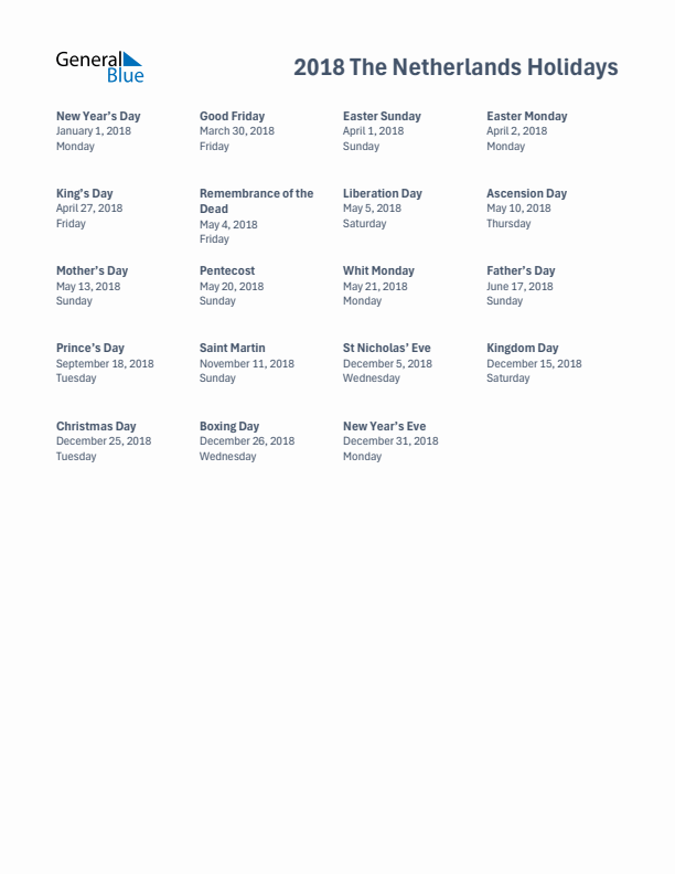 Free printable list of The Netherlands holidays for year 2018