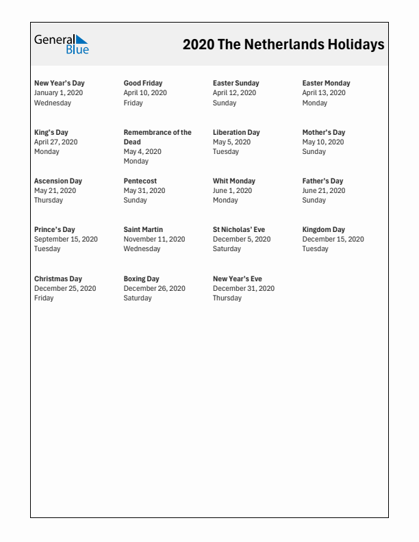 Free printable list of The Netherlands holidays for year 2020