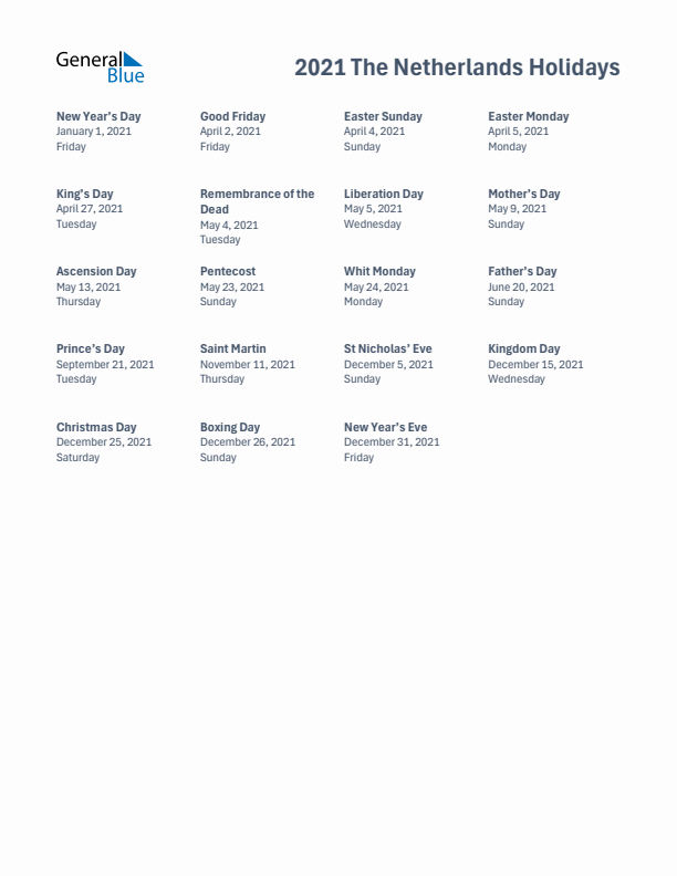 Free printable list of The Netherlands holidays for year 2021