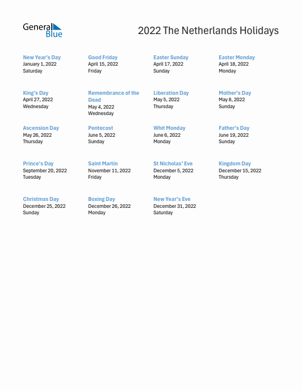 Free printable list of The Netherlands holidays for year 2022