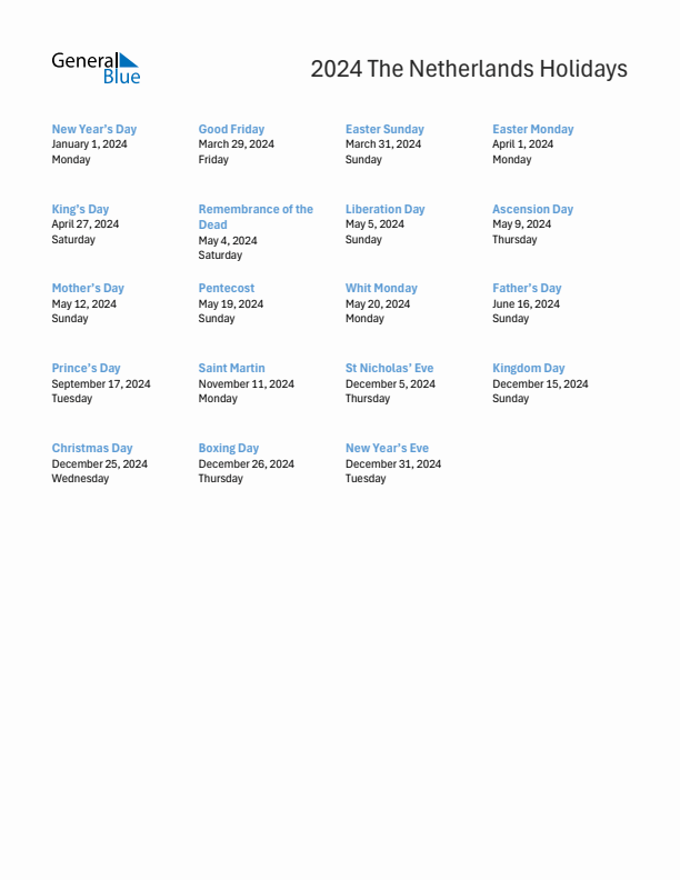 Free printable list of The Netherlands holidays for year 2024