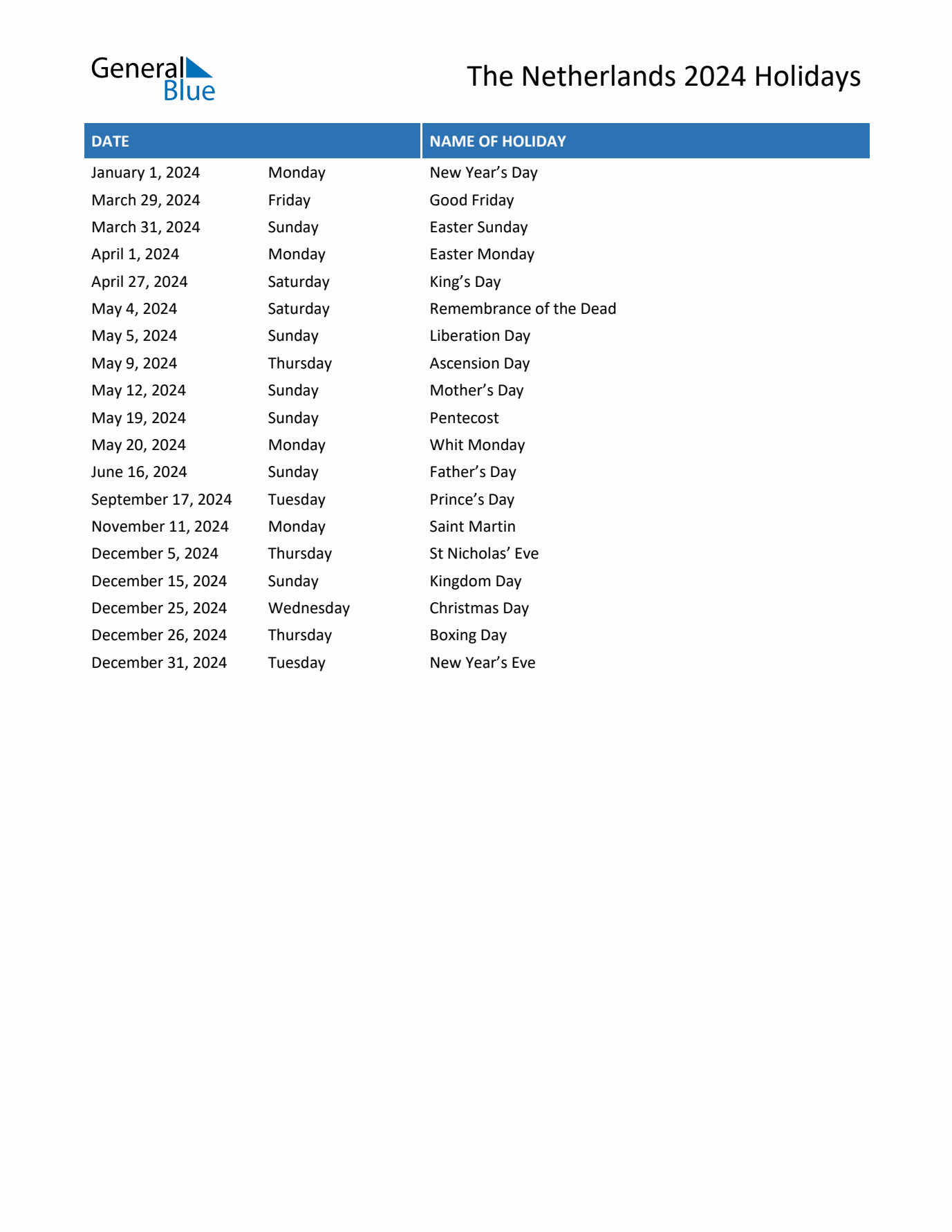 2024 The Netherlands List of Holidays in PDF, Word, and Excel