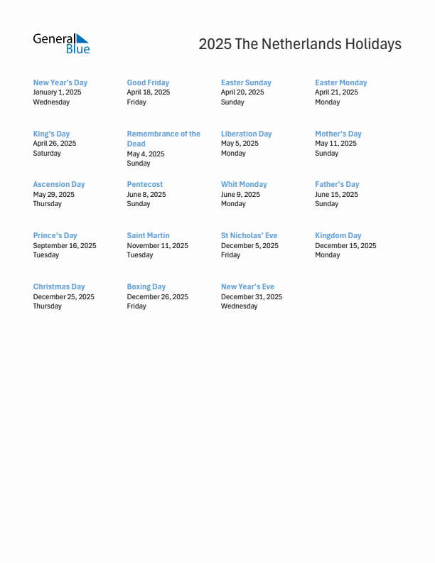 Free printable list of The Netherlands holidays for year 2025