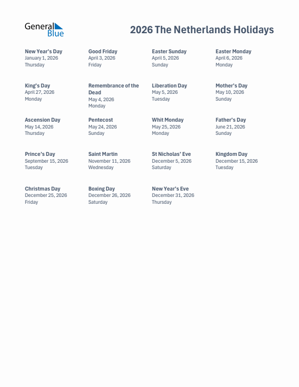 Free printable list of The Netherlands holidays for year 2026