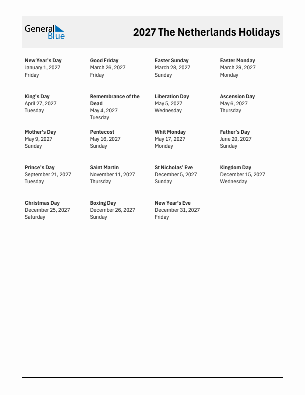 Free printable list of The Netherlands holidays for year 2027