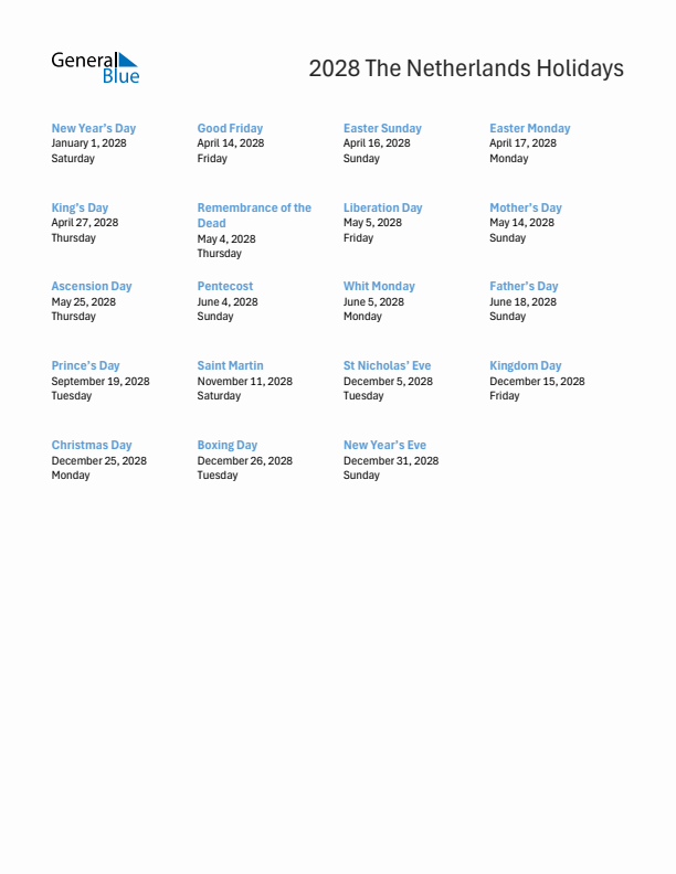 Free printable list of The Netherlands holidays for year 2028