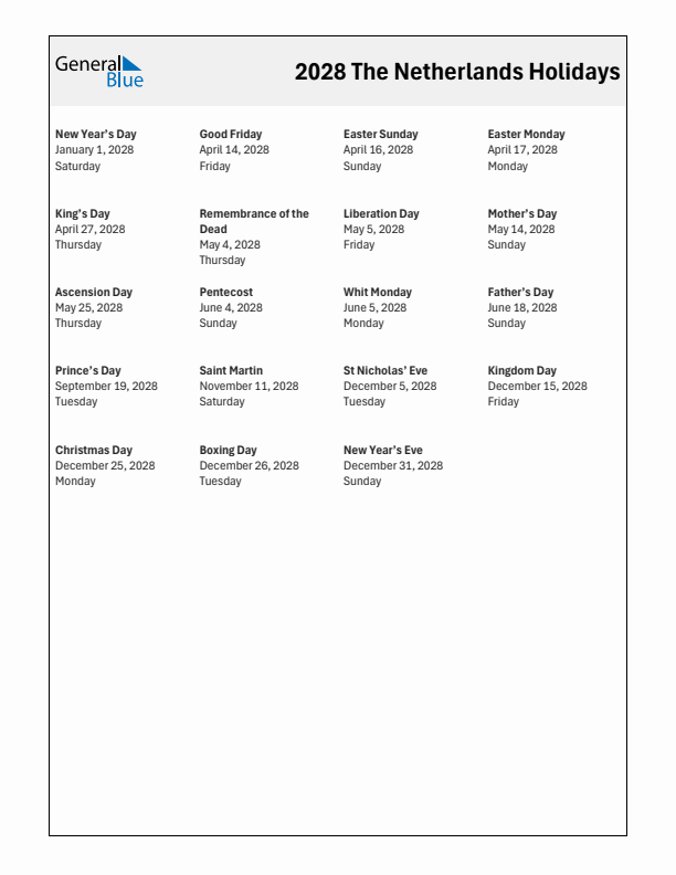 Free printable list of The Netherlands holidays for year 2028