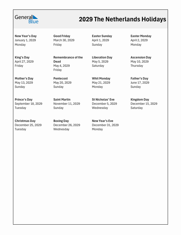 Free printable list of The Netherlands holidays for year 2029