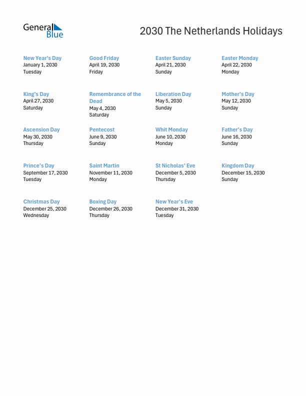 Free printable list of The Netherlands holidays for year 2030