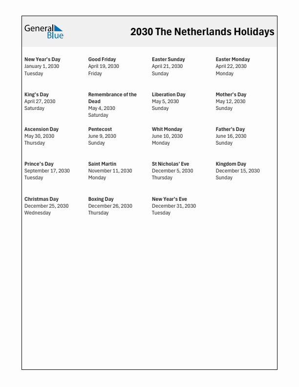 Free printable list of The Netherlands holidays for year 2030