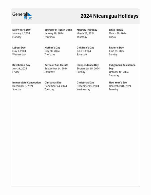 Free printable list of Nicaragua holidays for year 2024