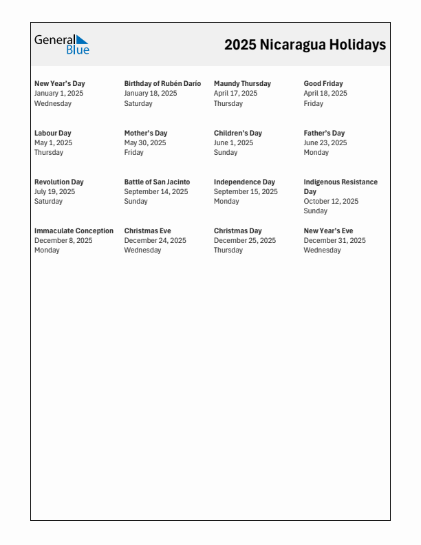 Free printable list of Nicaragua holidays for year 2025