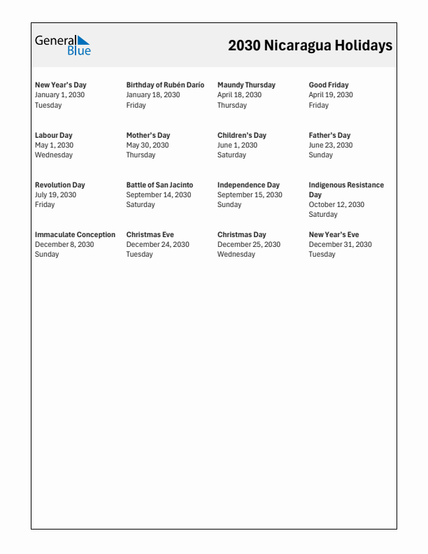 Free printable list of Nicaragua holidays for year 2030