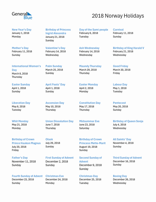 Free printable list of Norway holidays for year 2018