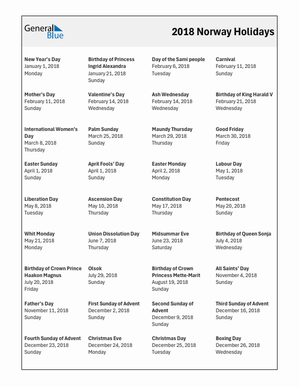 Free printable list of Norway holidays for year 2018