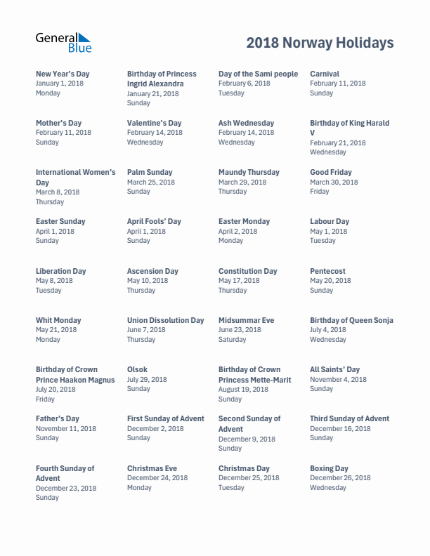 Free printable list of Norway holidays for year 2018