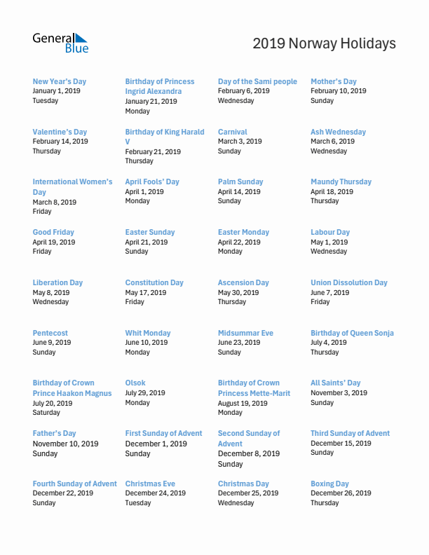 Free printable list of Norway holidays for year 2019