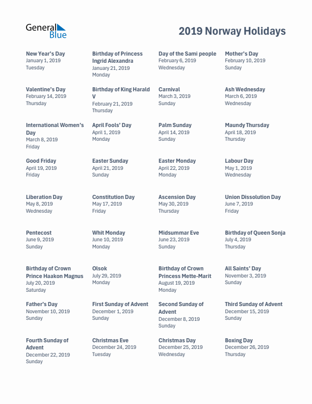 Free printable list of Norway holidays for year 2019