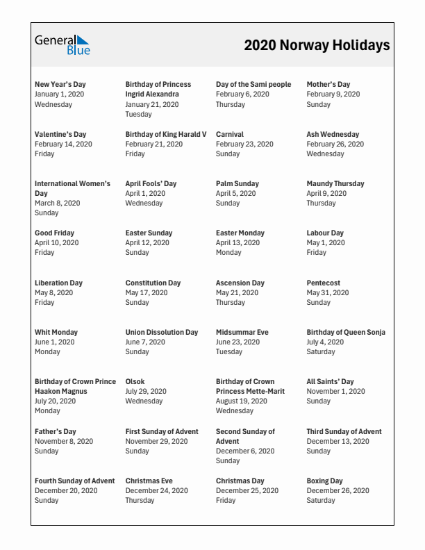 Free printable list of Norway holidays for year 2020