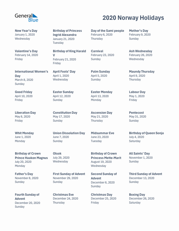 Free printable list of Norway holidays for year 2020