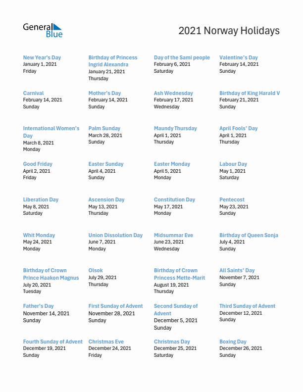 Free printable list of Norway holidays for year 2021