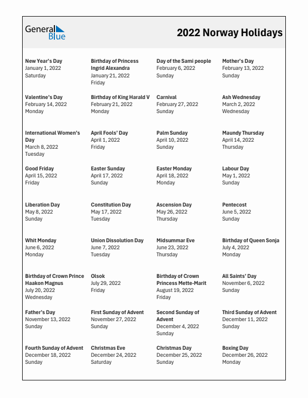 Free printable list of Norway holidays for year 2022