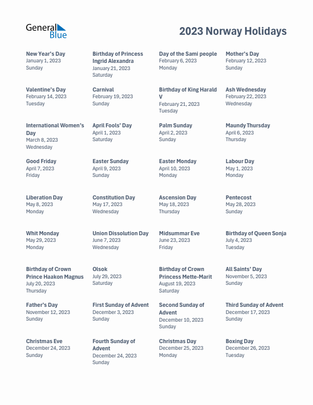 Free printable list of Norway holidays for year 2023